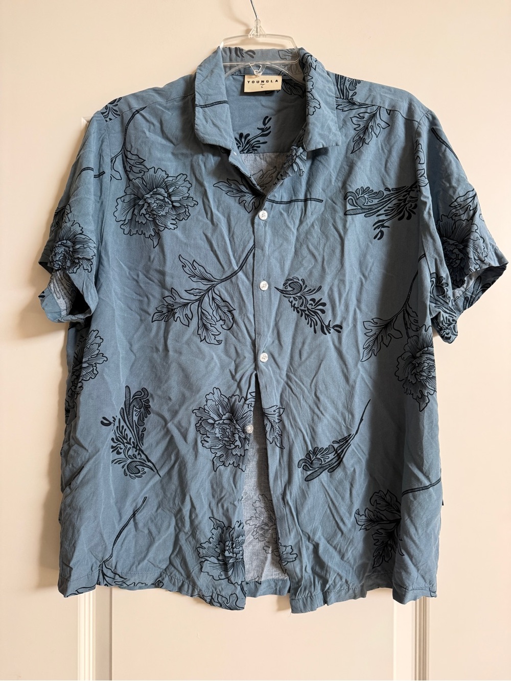 YoungLA Dusty Blue Floral Short-Sleeve Button-Down Shirt